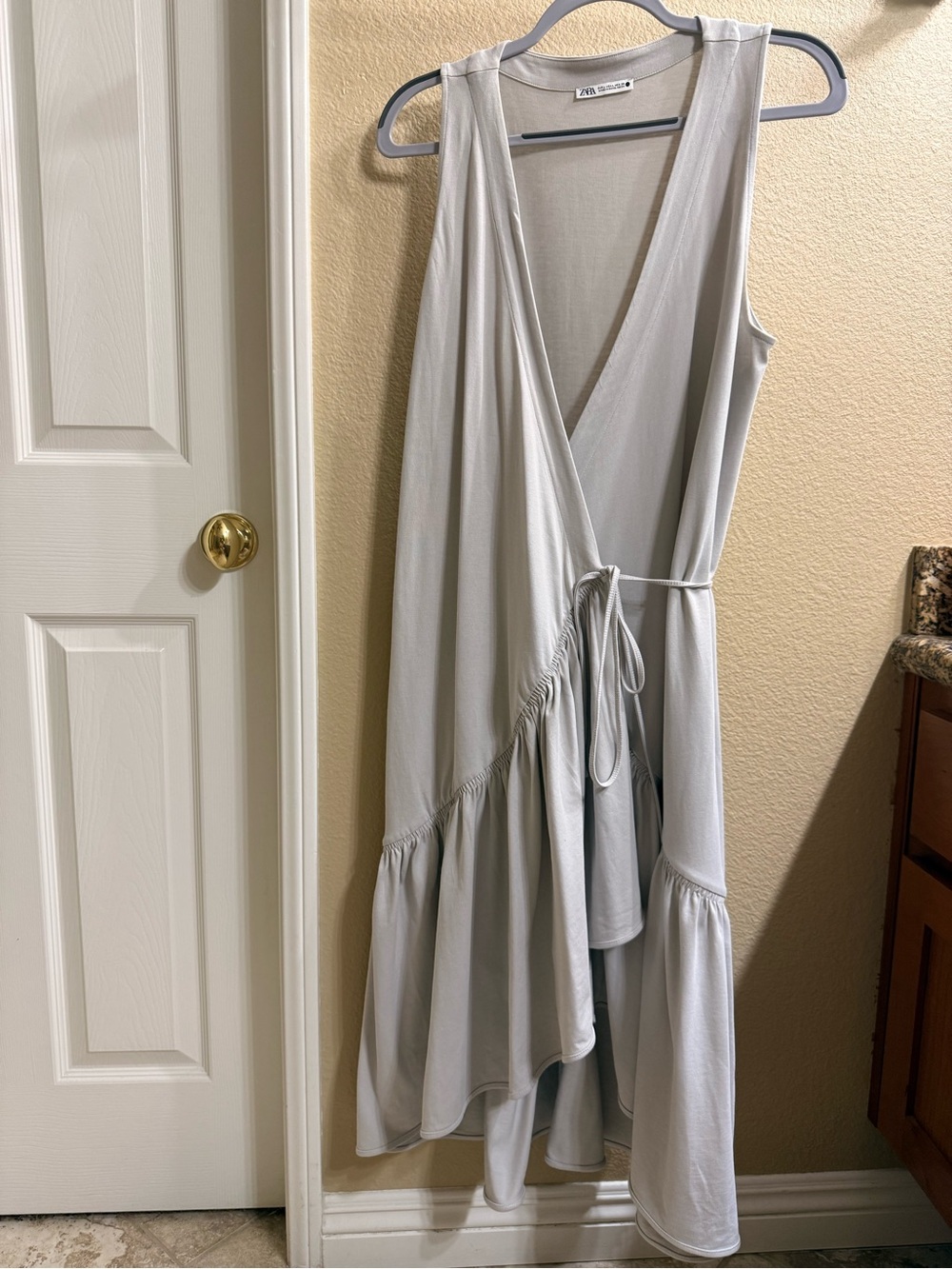 Zara Pale Gray Asymmetrical Wrap Midi Dress